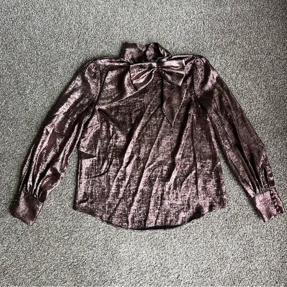 Ryegrass Metallic Rose Gold Neck Bow Mock Neck Long Sleeve Blouse, Size Medium - Picture 1 of 7
